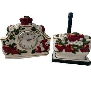 Vintage KK Ceramic Apple-Themed table Clock and Match Holder Set - Red and White